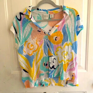 Rachel Zoe Top Womens Large 100% Linen Blue Short Sleeve Scoop Neck Tee Casual